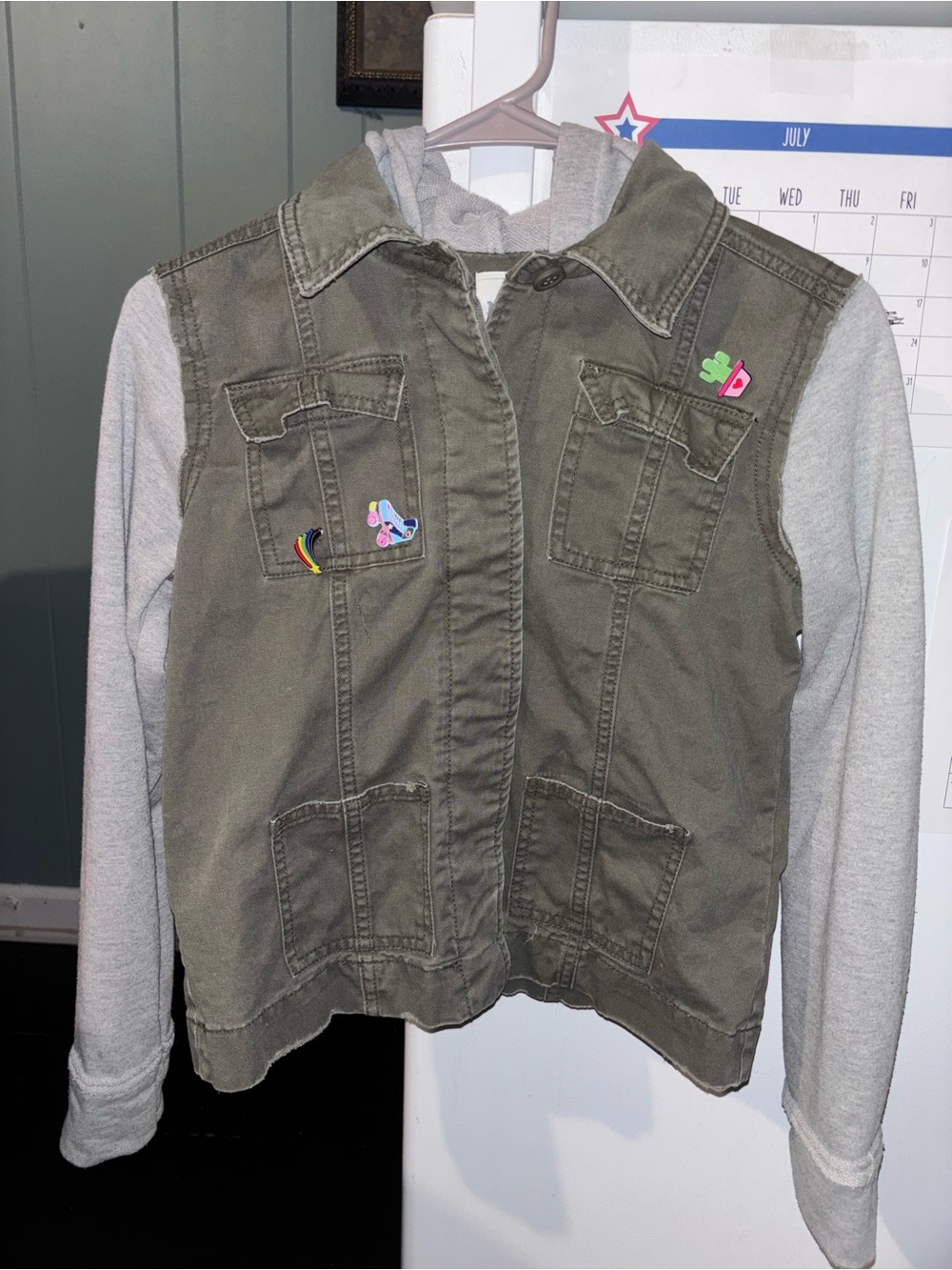 Mudd Olive Green Jean Jacket with Gray Hooded Sleeves